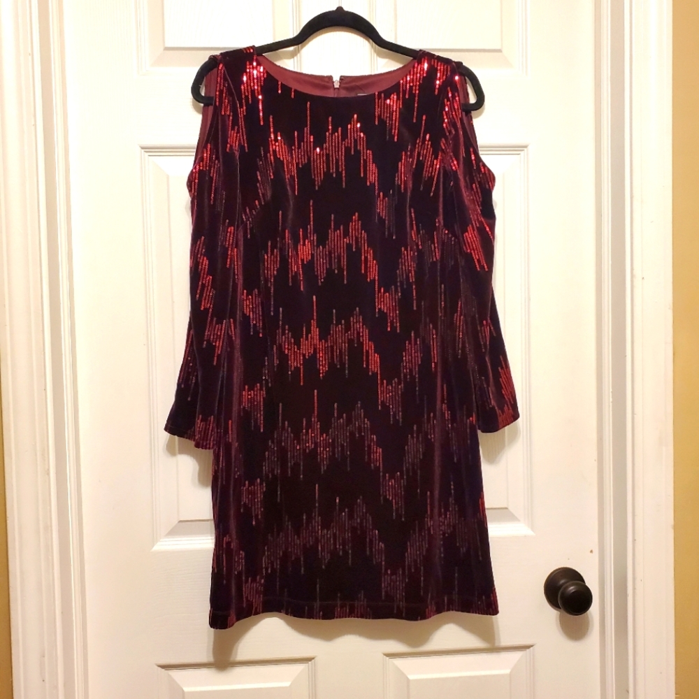 Jessica Howard Long Sleeve Velvet Cold Shoulder Sheath Dress with Sequins - 6P